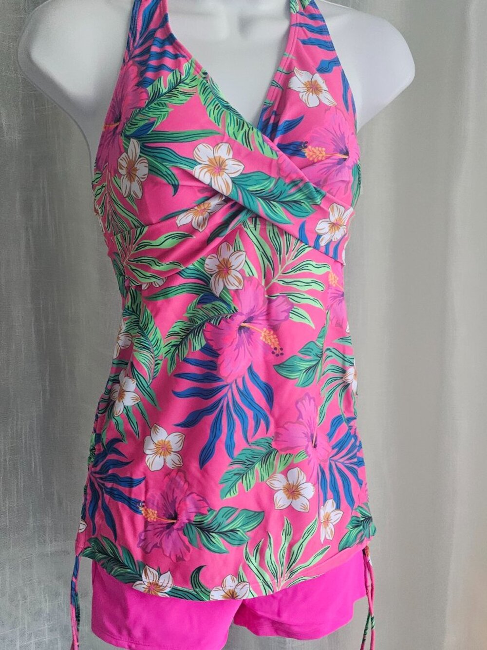 Floral Swim Summer Beach Tropical Print Drawstring Side Halter Tankini Neon Pi